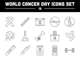 15 World Cancer Day Black Line Art Icon Set.
