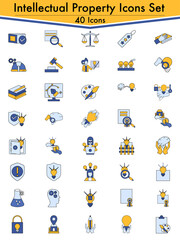 Set Of 40 Intellectual Flat Icon In Yellow And Blue Color.