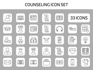 Black Line Art Counseling Icons On Grey Square Background.