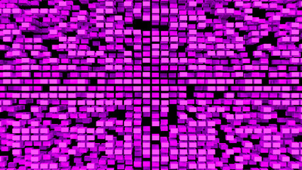An uneven wall of purple flying cubes on a black background. Textured background with purple elements. 3D illustration. 3D rendering. 3D image.
