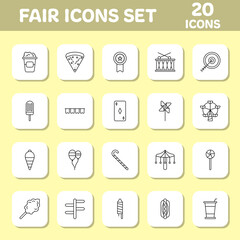 Black Line Art Set Of Fair Icons On Yellow And White Square Background.