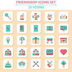 Flat Style 25 Friendship Icon Set On White And Yellow Square Background.