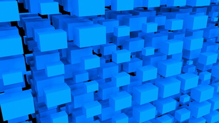 Blue abstraction with a large number of rectangular cubes. Abstract background with blue cubes close-up on a black background. 3D image. 3D rendering. 3D illustration.
