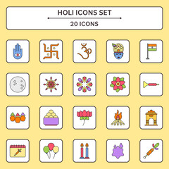 Flat Style Holi Icon Set On Yellow And White Square Background.