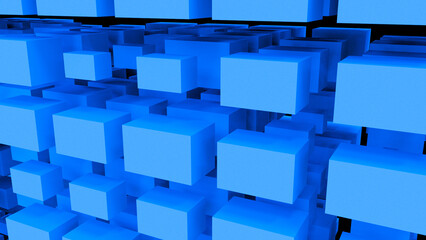Blue abstraction with a large number of rectangular cubes. Abstract background with blue cubes close-up. 3D illustration. 3D image. 3D rendering.
