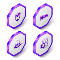 Set Isometric Leprechaun, boot, hat and Golden leprechaun coin icon. Purple hexagon button. Vector