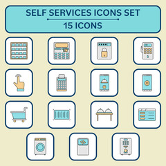 Flat Style Self Service Icon Set On White And Yellow Square Background.