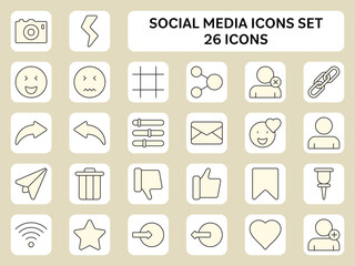 Black Linear Social Media Icon Set On Yellow And White Square Background.