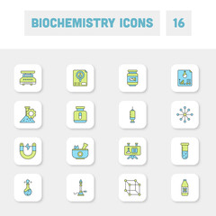 Flat Style Biochemistry Green And Blue Icon Set On White Square Background.
