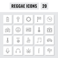 Black Outline Illustration Of 20 Reggae Square Icon Set.