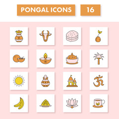 Yellow And Pink Color Set Of Pongal Festival Icon On Square Background.
