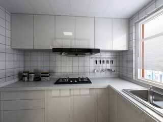 3D rendering,Modern family kitchen design, new cabinets and kitchenware with refrigerators