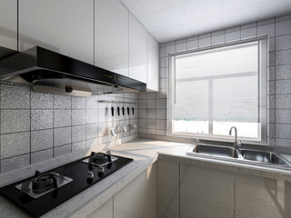 3D rendering,Modern family kitchen design, new cabinets and kitchenware with refrigerators