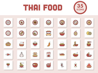 Colorful Thai Food Square Icon Set In Flat Style.