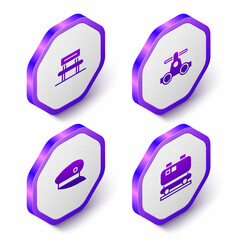 Set Isometric Waiting hall, Handcar transportation, Train driver hat and Oil railway cistern icon. Purple hexagon button. Vector