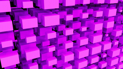 Purple abstraction with a large number of rectangular cubes. Abstract background with purple cubes close-up on a black background. 3D rendering. 3D illustration. 3D image.
