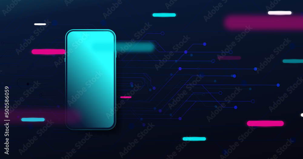 Poster 3d smartphone mockup with abstract circuit board and geometric neon lines glow up background