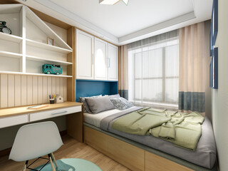 3D rendering, elegant and spacious bedroom design of modern apartment, overcoat cabinet beside the big bed