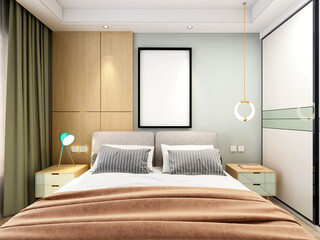 3D rendering, elegant and spacious bedroom design of modern apartment, overcoat cabinet beside the big bed