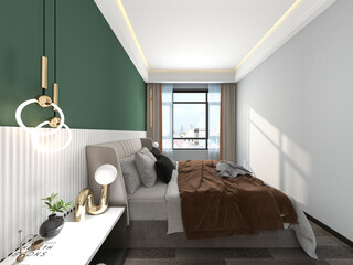 Fototapeta na wymiar 3D rendering, elegant and spacious bedroom design of modern apartment, overcoat cabinet beside the big bed