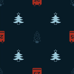 Obraz premium Set Christmas day calendar, tree and on seamless pattern. Vector