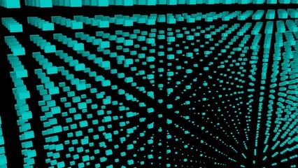 Fototapeta premium Turquoise abstraction with a lot of small rectangular cubes. Abstract background with turquoise cubes on a black background. 3D image. 3D illustration. 3D rendering. 