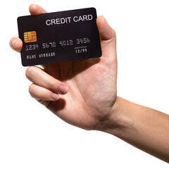 The woman's hand holds a black credit card isolated on white background..