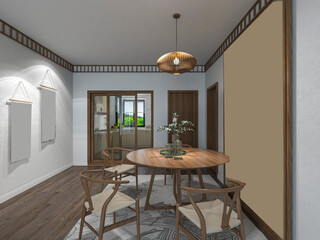 3D rendering, spacious dining room design next to the modern kitchen, with a beautiful dining table and greenery
