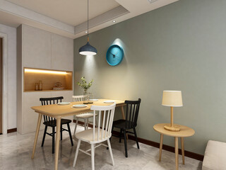 3D rendering, spacious dining room design next to the modern kitchen, with a beautiful dining table and greenery