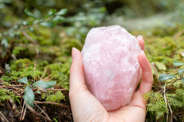 Hand holding a rose quartz crystal or raw gemstone minerals on a forest floor with lush greenery. 
