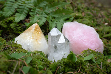 Crystals or raw gemstone minerals on a forest floor with lush greenery. Clear quartz, rose quartz...