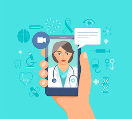 Telemedicine, online doctor, consultation with a doctor online using a smartphone app to professional medical opinion. Medical and healthcare service online for Patients. Vector illustration. - obrazy, fototapety, plakaty