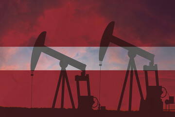 Latvia oil industry concept, industrial illustration. Latvia flag and oil wells, stock market,...