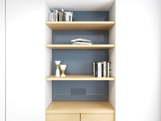 3D rendering. There are wardrobes, cupboards, mirrors and green plants in the study of the family house.