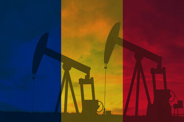 Romania oil industry concept, industrial illustration. Romania flag and oil wells, stock market,...