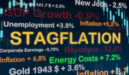 Stagflation concerns - Stagnant economy, unemployment, high energy prices and rising inflation. Surround by charts, graphs, economic datas. Economy, stagflation and recession concept. 3D illustration