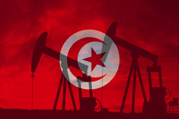 Tunisia oil industry concept, industrial illustration. Tunisia flag and oil wells, stock market,...