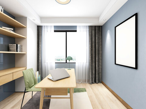 3D rendering. There are wardrobes, cupboards, mirrors and green plants in the study of the family house.