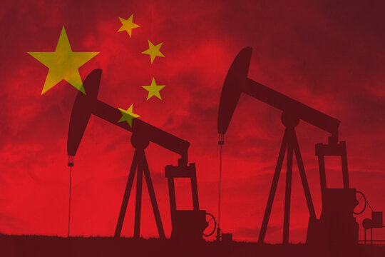 China oil industry concept, industrial illustration. China flag and oil wells, stock market, exchange economy and trade, oil production