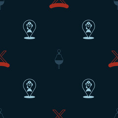 Set Camping folding chair, Fishing float and Location fishing on seamless pattern. Vector