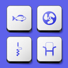 Set Fish, Outboard boat motor, Hand ice drill and Camping folding chair icon. White square button. Vector