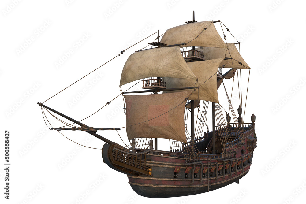 Poster old wooden pirate ship in full sail. 3d rendering isolated on white background with clipping path. t