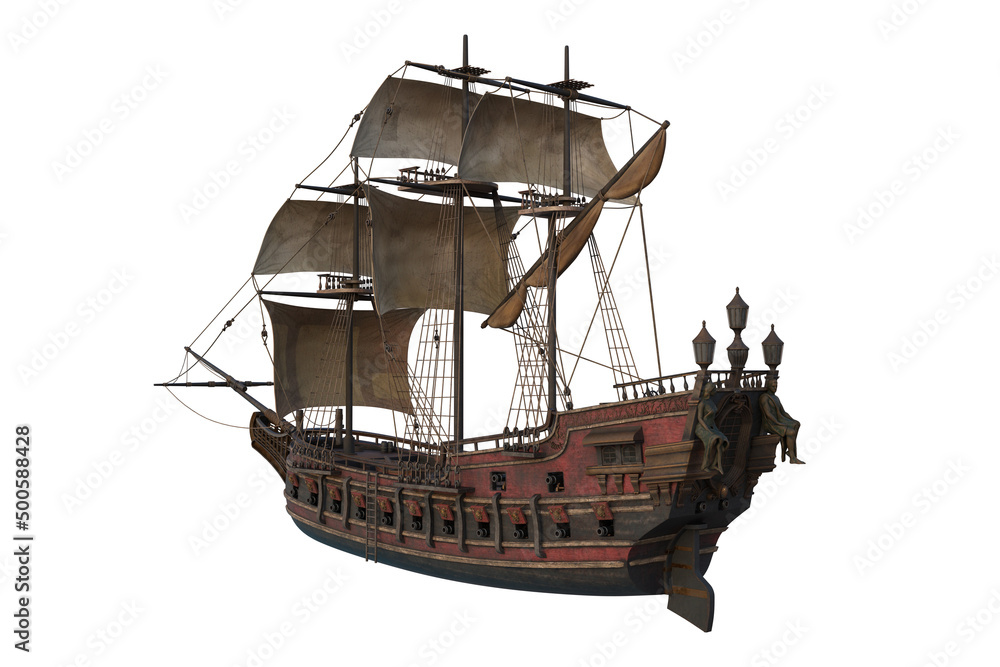 Poster old wooden pirate ship seen from rear perspective. 3d rendering isolated on white background with cl