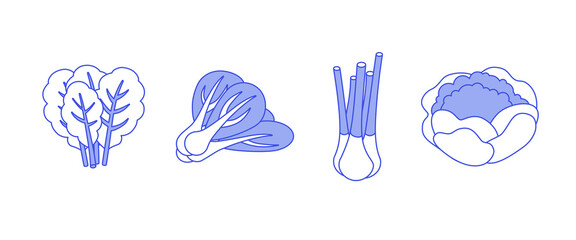 Vegetables, greens, fruits set. Isometric vector illustration in flat design. Outline, linear style, line art. Meal preparation.