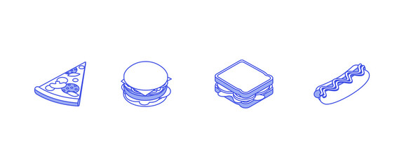 Food set - pizza, burger, sandwich, hot dog. Isometric vector illustration in flat design. Outline, linear style, line art. Meal preparation.