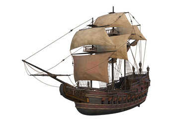 Naklejka premium Old wooden pirate ship in full sail. 3D rendering isolated on white background with clipping path. Transparent PNG now available #536318024