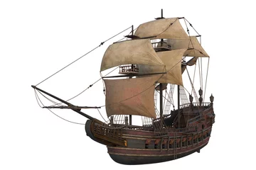 Foto op Plexiglas Old wooden pirate ship in full sail. 3D rendering isolated on white background with clipping path. Transparent PNG now available  536318024 © IG Digital Arts