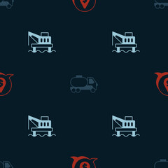 Set Oil drop with dollar symbol, Tanker truck and platform in the sea on seamless pattern. Vector