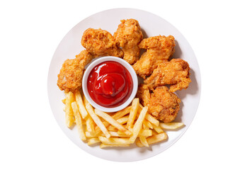 plate of fried chicken with french fries isolated on white background