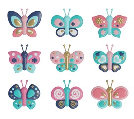 Set isolated 3d cartoon butterflies icons on white background. Golden texture and turquoise, blue, pink colors.